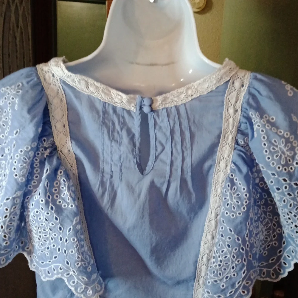 ANTHROPOLOGIE So Cute Lace Trim Blue Ruffle Flutter Sleeved With Lace Top Sz 2 - Picture 6 of 10